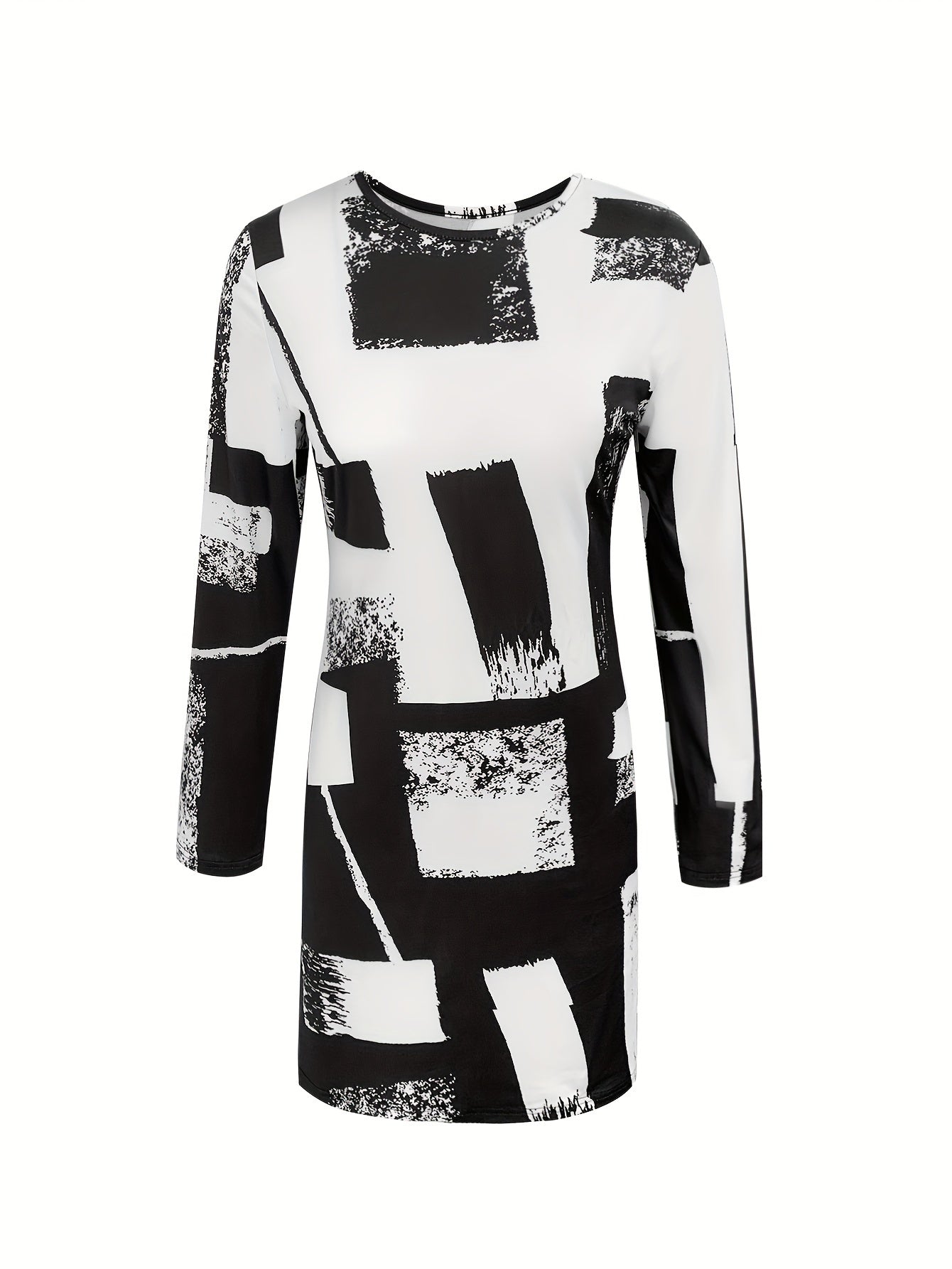 Brush Print Crew Neck A-line Dress, Elegant Long Sleeve Slim Dress For Spring & Fall, Women's Clothing